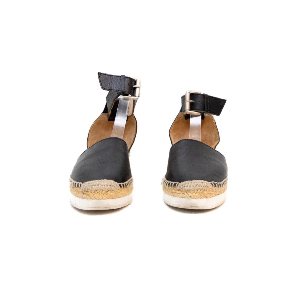 See By‎ Chloé Glyn Espadrille Sandals in Black Leather Ankle-Strap Size:EU37/US7